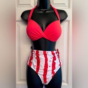 Bright Orange and White Halter Bikini Top with High-Waist Striped Bottom